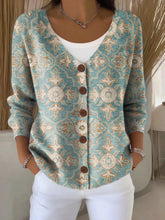 Ethnic Pattern Print Buttoned V-neck Cardigan Sweater